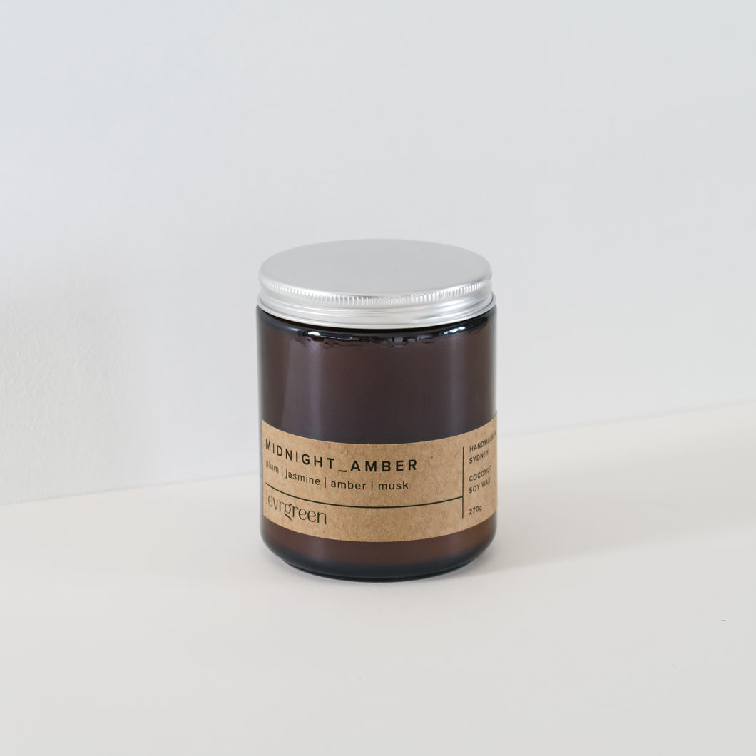 midnight amber - musk floral - luxury candle small 270g amber jar, simple thin brown label