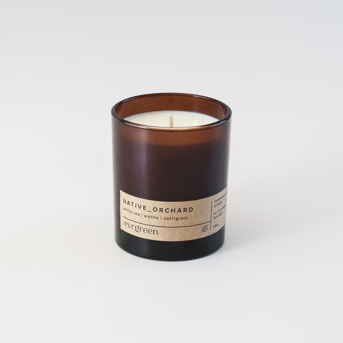 native orchard - native florals - luxury candle large 285g amber jar, simple thin brown label