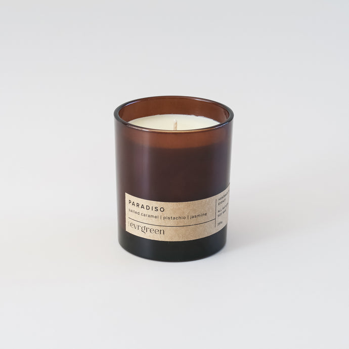 paradiso - gourmand caramels - luxury candle large 285g amber jar, simple thin brown label