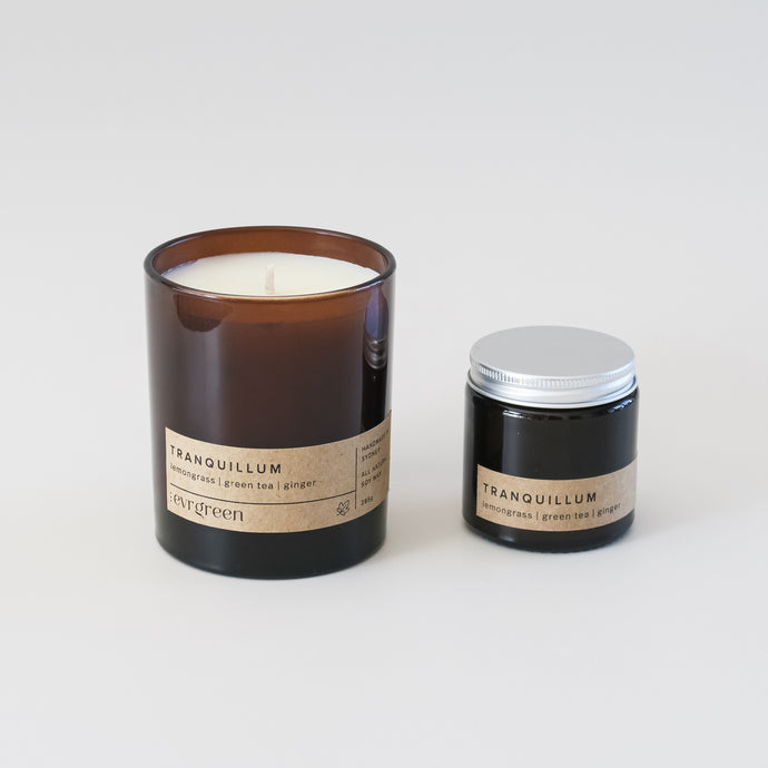 tranquillum - herbal fresh - luxury candle small 120g amber jar, silver aluminium screw lid, simple thin brown label
